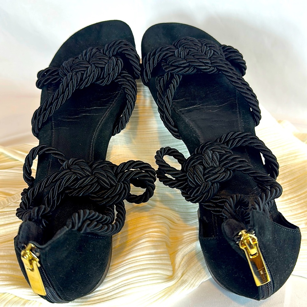 Madison Ernest Paris black braided black sandals with back zip heel closure.